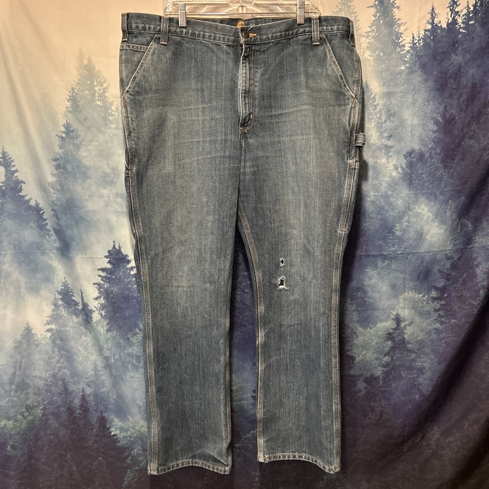 Carhartt‎ Relaxed Fit Distressed Men's 42x32 Denim Carpenter Stretch Blue Jeans